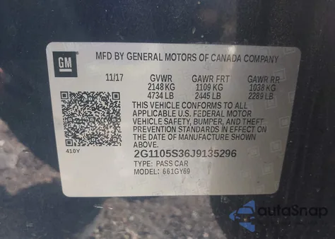 2018 Chevrolet Impala 1Lt z USA, uszkodzony, nr VIN 2G1105S36J9135296